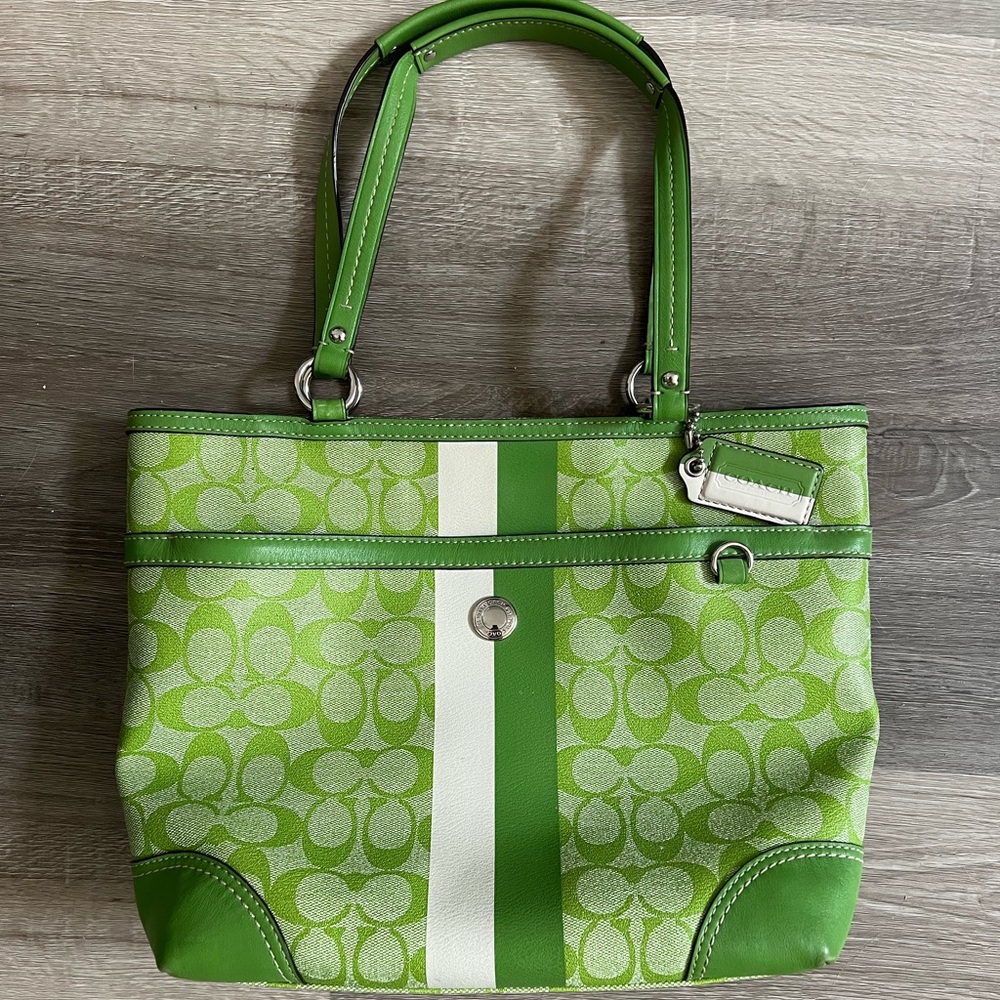 Green Coach Purse, signature heritage strip Chelsea tote leather